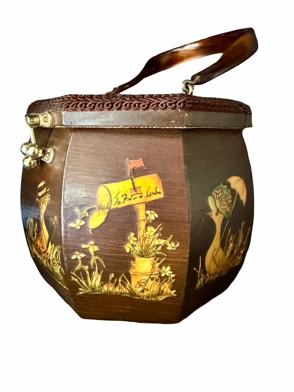 Vintage Handmade Wooden Duck Decoupage Box Purse Lucite Handle, folk art - Picture 4 of 17